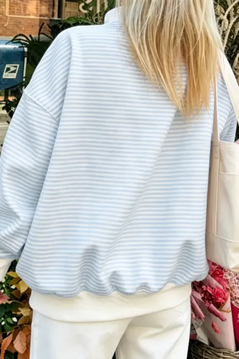 Women Spring Striped Mock Neck Oversized Cotton Sweatshirt