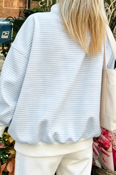 Women Spring Striped Mock Neck Oversized Cotton Sweatshirt