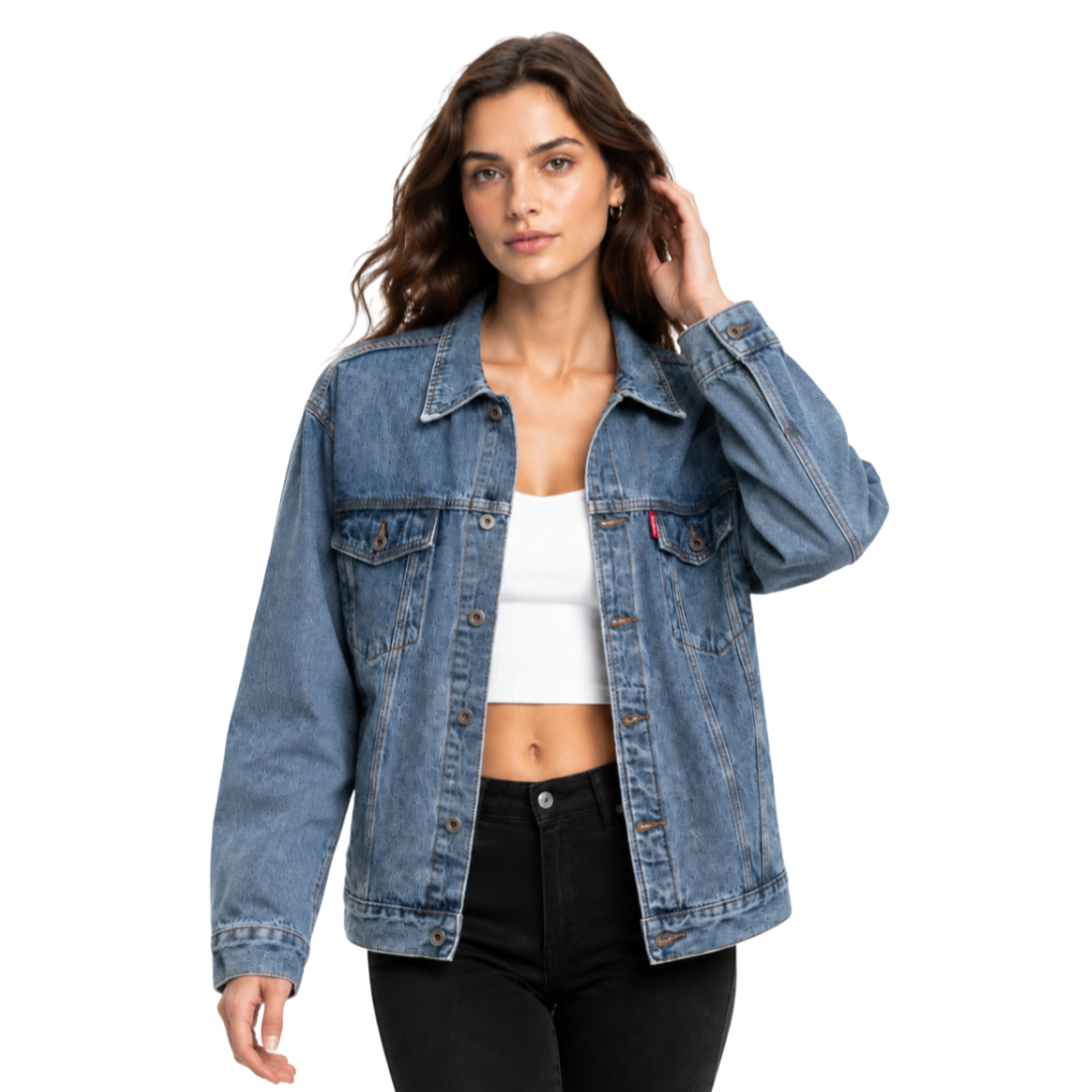 Women's Classic Blue Denim Jacket with Red Tag