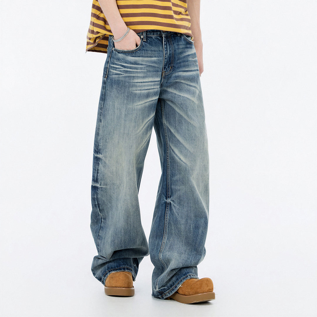 Men's Spring Vintage Blue Cat Whisker Wide-Leg Denim Jeans