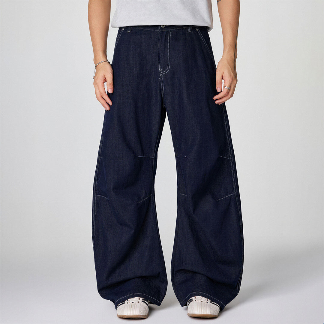 Men's Spring Indigo Raw Deconstructed Wide-Leg Denim Jeans
