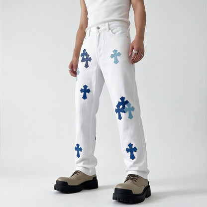 Men's Spring White Cross Patch Wide-Leg Denim Jeans
