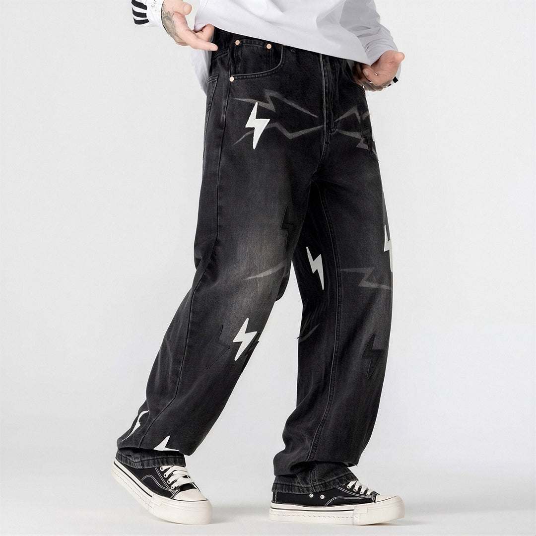 Men's Spring Washed Black & White Lightning Wide Leg Jeans