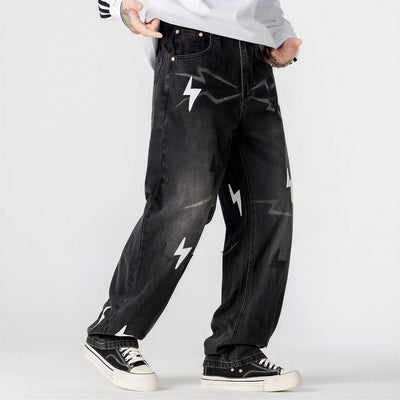 Men's Spring Washed Black & White Lightning Wide Leg Jeans