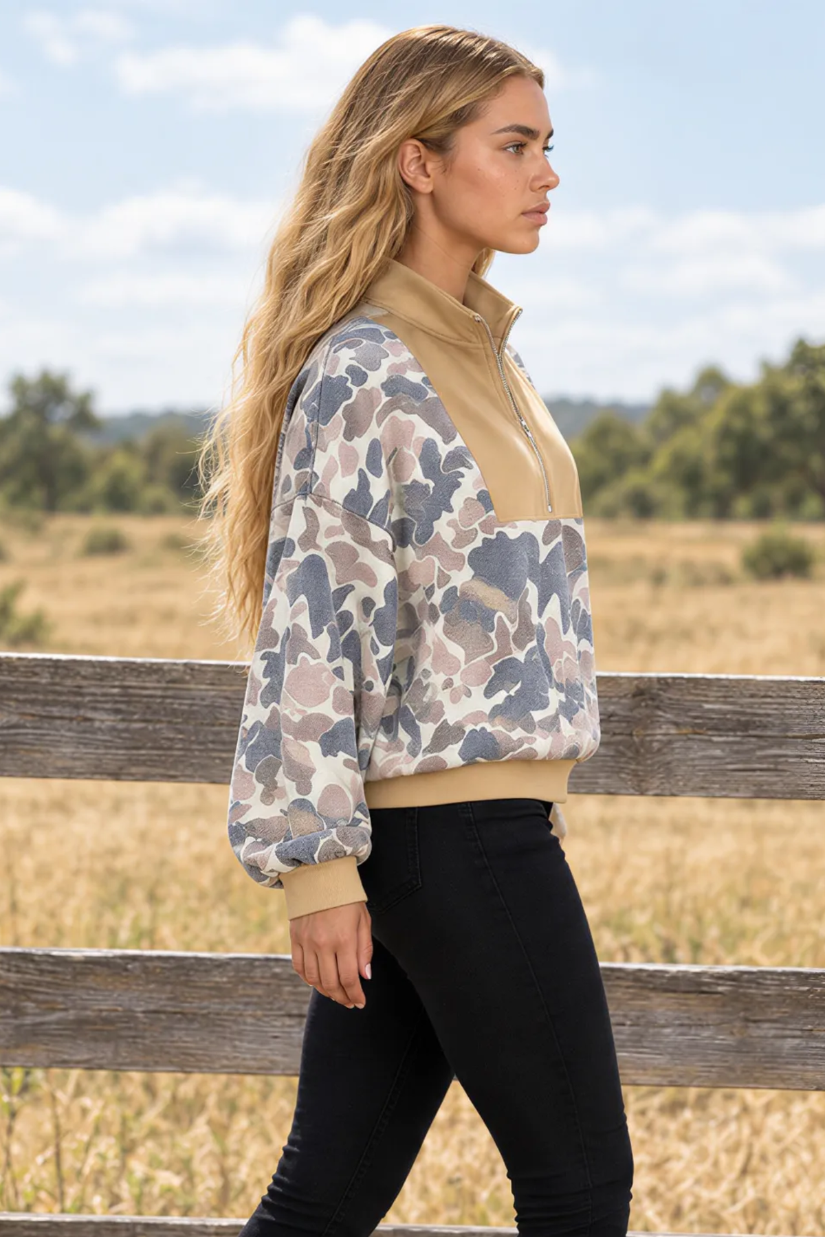 Women's Fall Camo Colorblock Zip Long Sleeve Sweatshirt