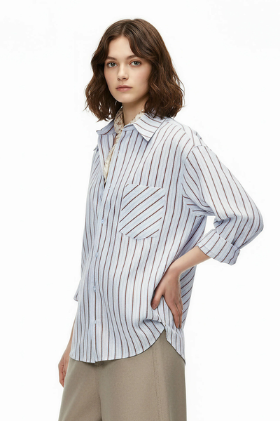 Unisex Spring Cotton Stripe Set-in Long Sleeve Retro Shirt