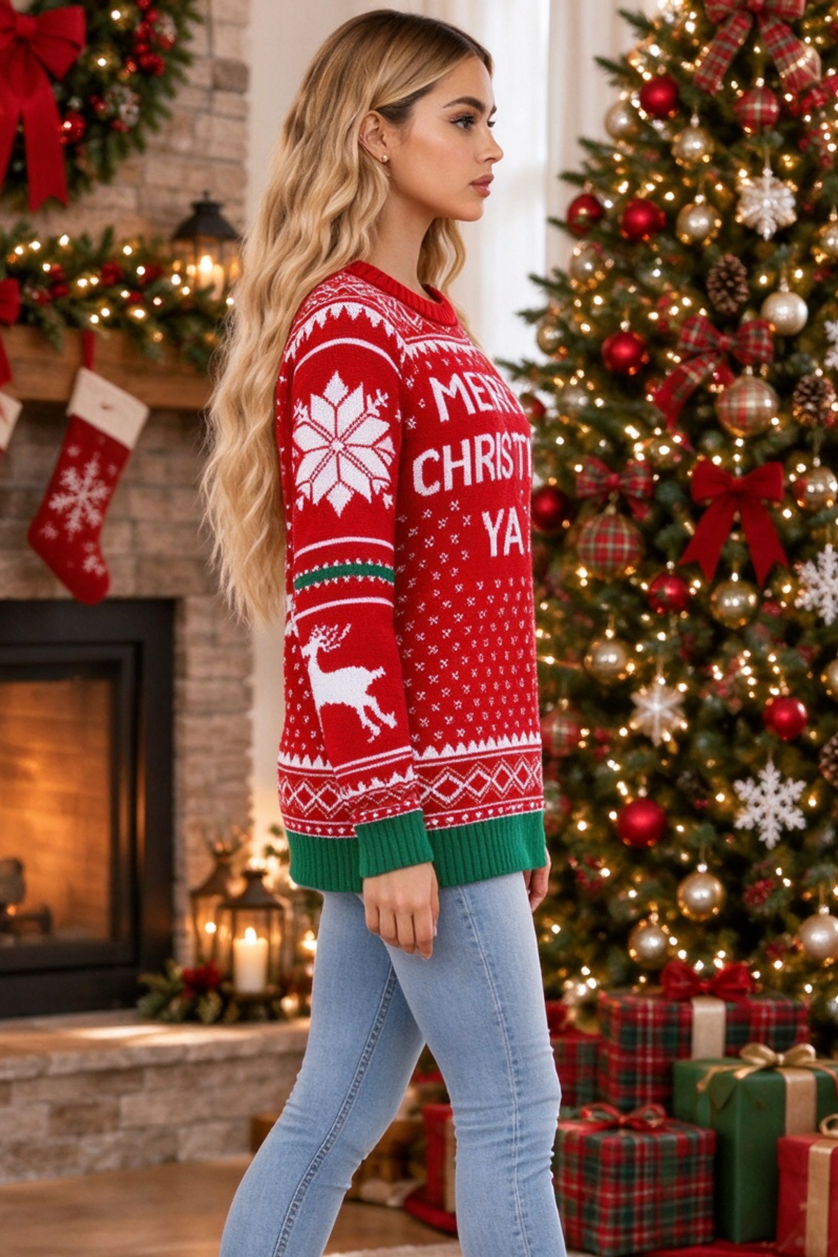 Women's Fall Christmas Red AOP Snowflake Knit Sweater