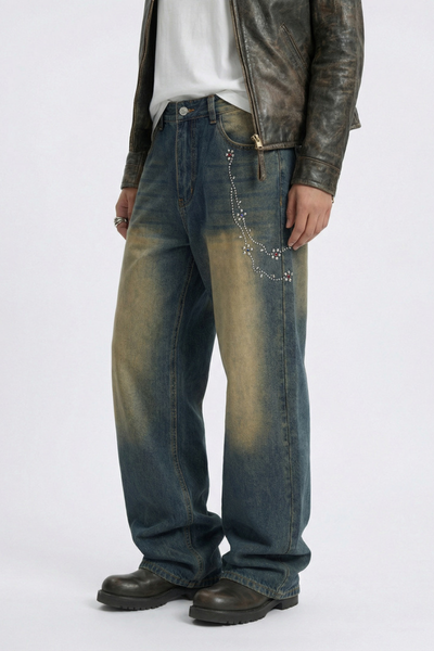 Men's Chain Rhinestone Washed Blue Yellow Fade Wide Jeans