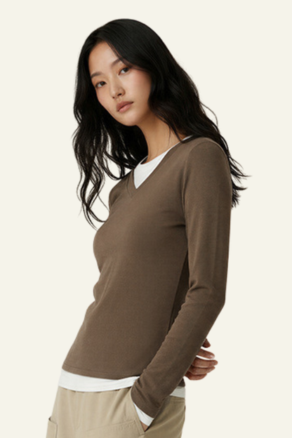 Women V-Neck Layered Long-Sleeve Knit T-Shirt