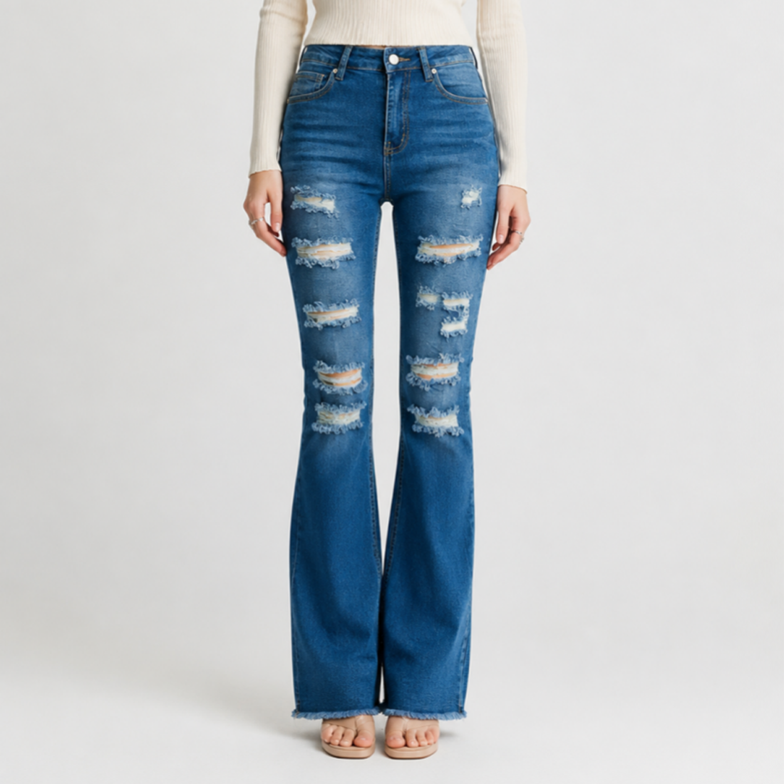 Women's Distressed Ripped Frayed Hem Stretch Flare Jeans