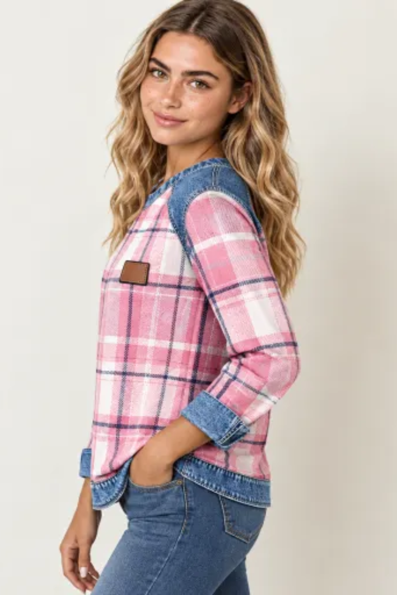 Women Fall Clothing Denim Plaid Patchwork Sweatshirt