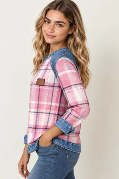 Women Fall Clothing Denim Plaid Patchwork Sweatshirt