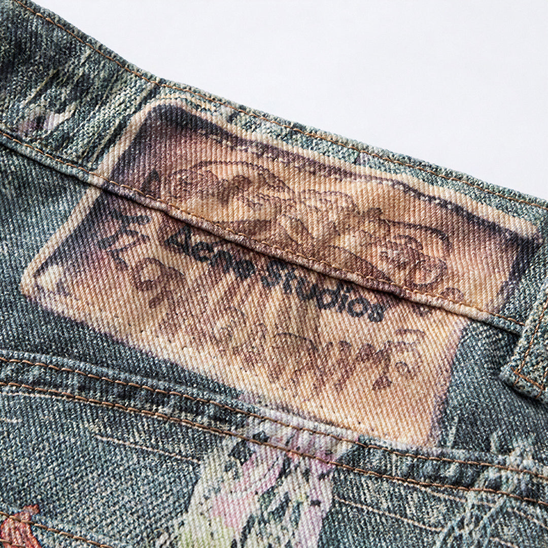 Men's Summer Vintage Washed Graffiti Print Denim Shorts