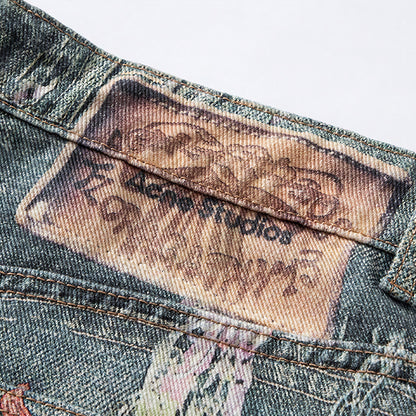 Men's Summer Vintage Washed Graffiti Print Denim Shorts