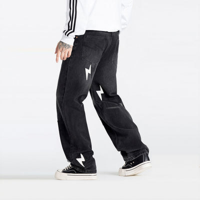 Men's Spring Washed Black & White Lightning Wide Leg Jeans