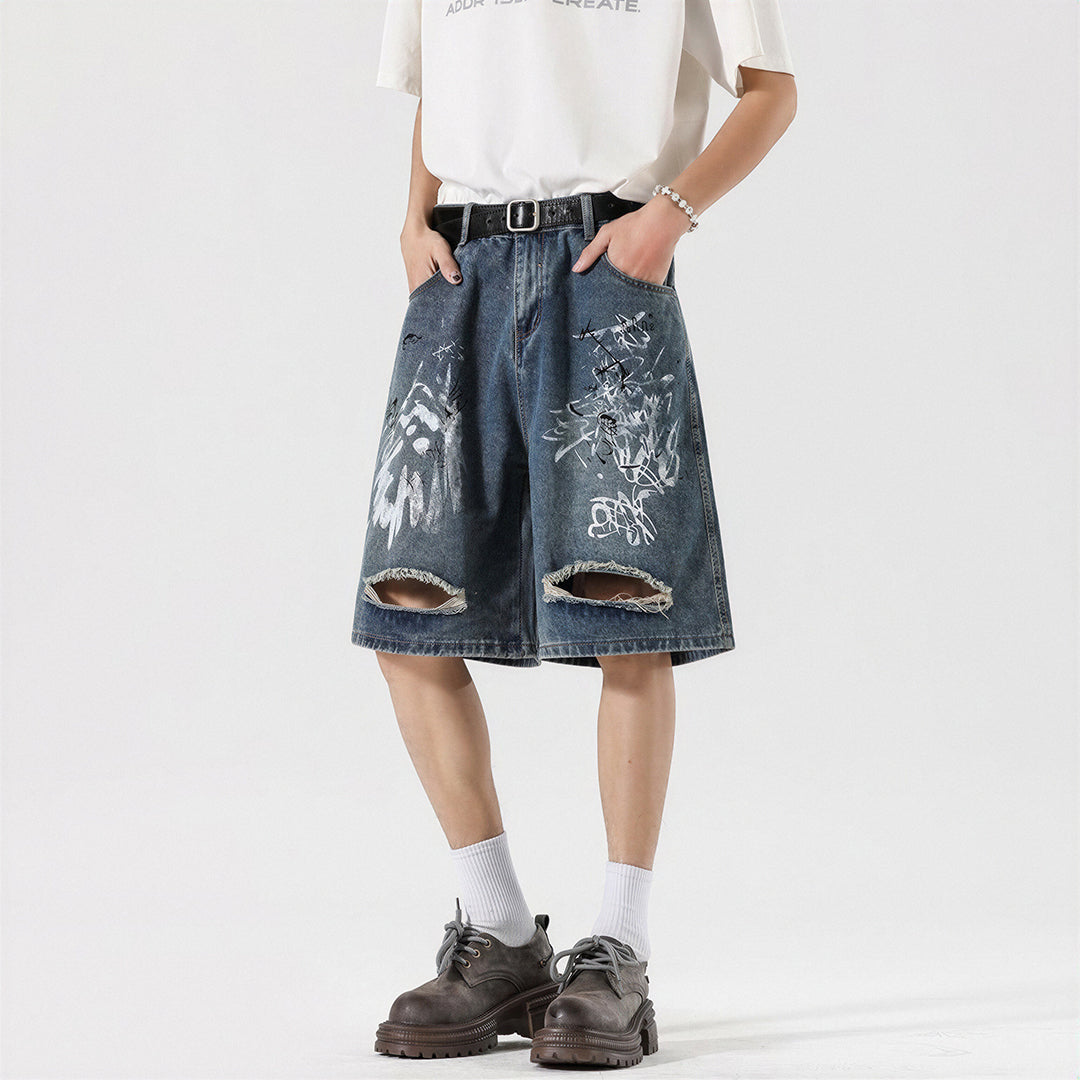 Men's Summer Graffiti Ripped Washed Baggy Denim Shorts