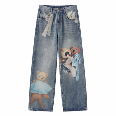 Men's Spring Light Blue Teddy Print Wide Leg Denim Jeans