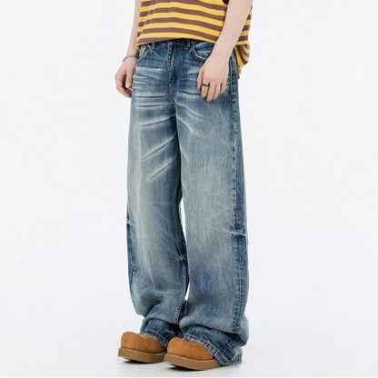 Men's Spring Vintage Blue Cat Whisker Wide-Leg Denim Jeans
