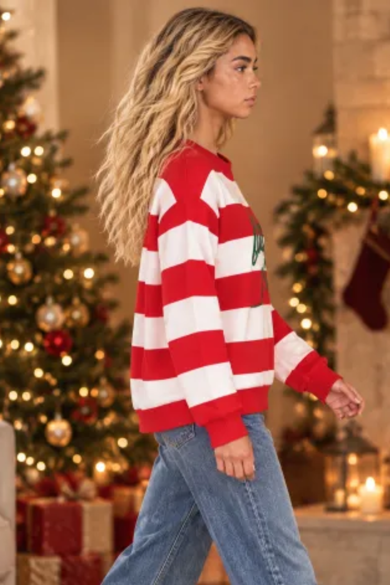 Women's Christmas Letter Color Block Crew Neck Sweatshirt