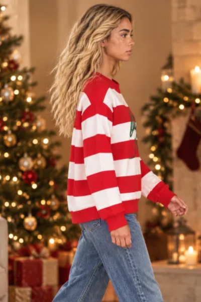 Women's Christmas Letter Color Block Crew Neck Sweatshirt