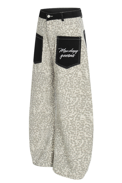 Unisex Spring Retro Colorblock Leopard Wide Curved Jeans