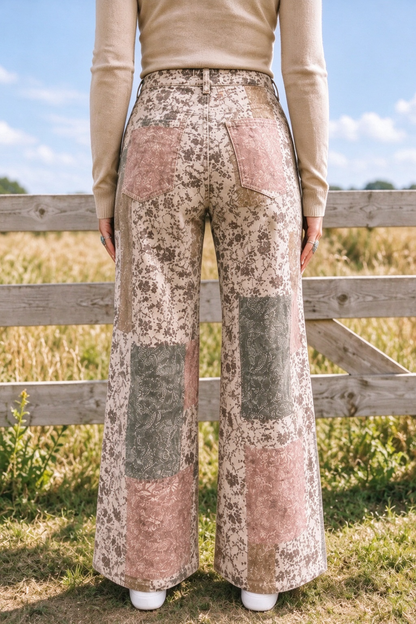 Women's Color Block Print High Waist Quilted Straight Jeans