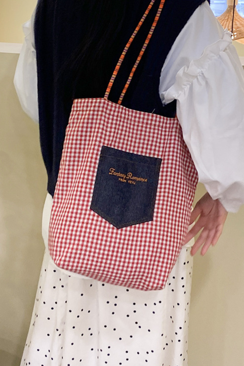 Women Fall Vintage Denim Plaid Reversible Shoulder Tote