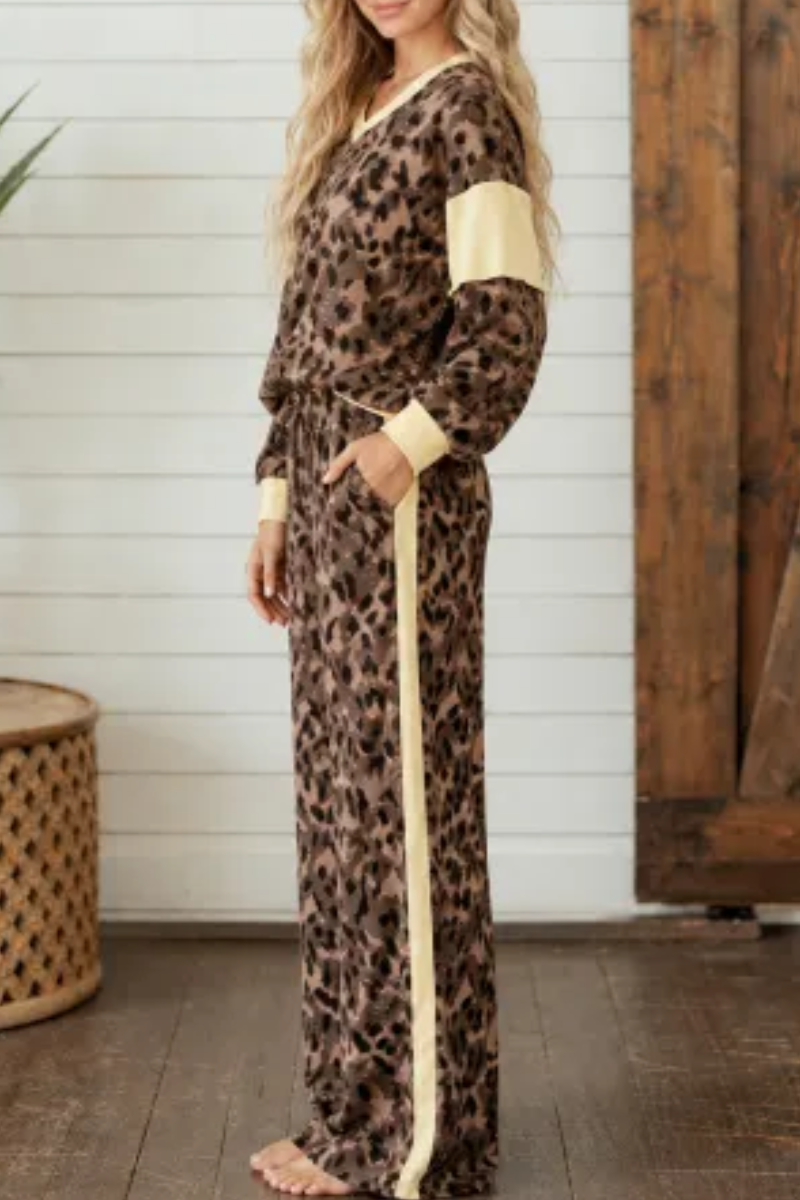 Women Fall Clothing Casual Leopard Color Block 2 Piece Set
