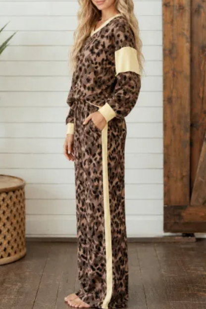 Women Fall Clothing Casual Leopard Color Block 2 Piece Set