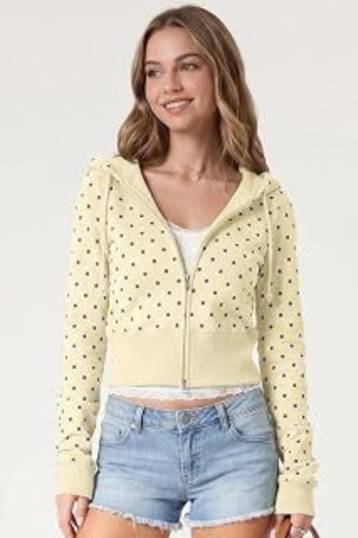 Women Fall Clothing Polka Dot Cropped Zip Hoodie Jacket