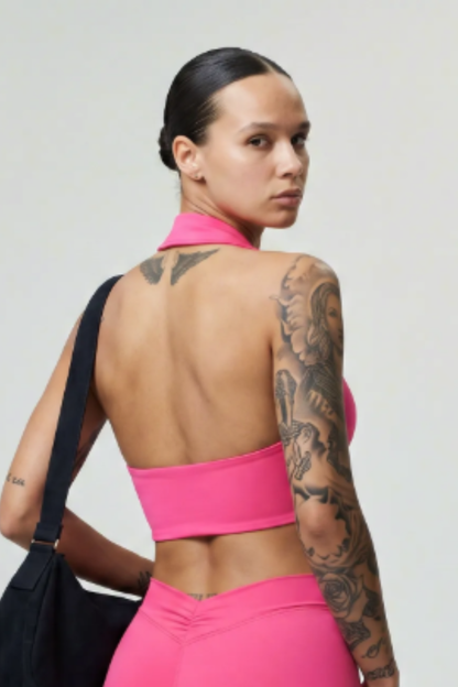 Women's New Lapel Halter Push Up Sports Bra - Padded Backless