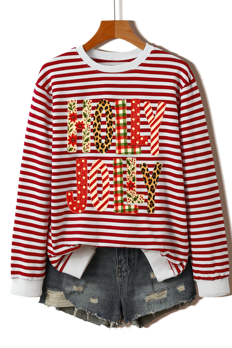 Women's Christmas Holly Jolly Stripe Long Sleeve Sweatshirt