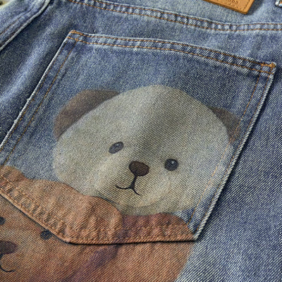 Men's Spring Light Blue Teddy Print Wide Leg Denim Jeans