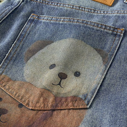 Men's Spring Light Blue Teddy Print Wide Leg Denim Jeans