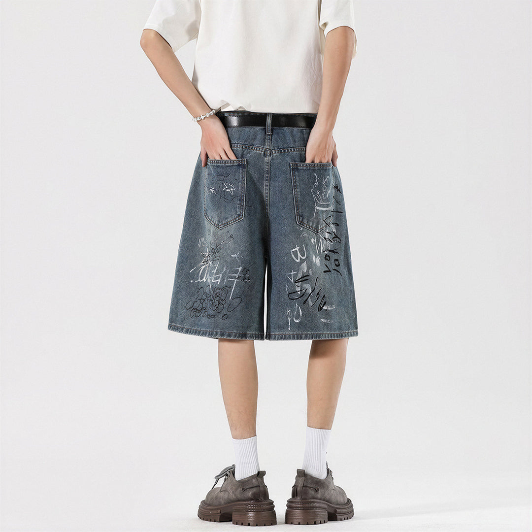 Men's Summer Graffiti Ripped Washed Baggy Denim Shorts