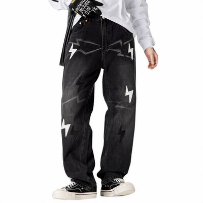 Men's Spring Washed Black & White Lightning Wide Leg Jeans