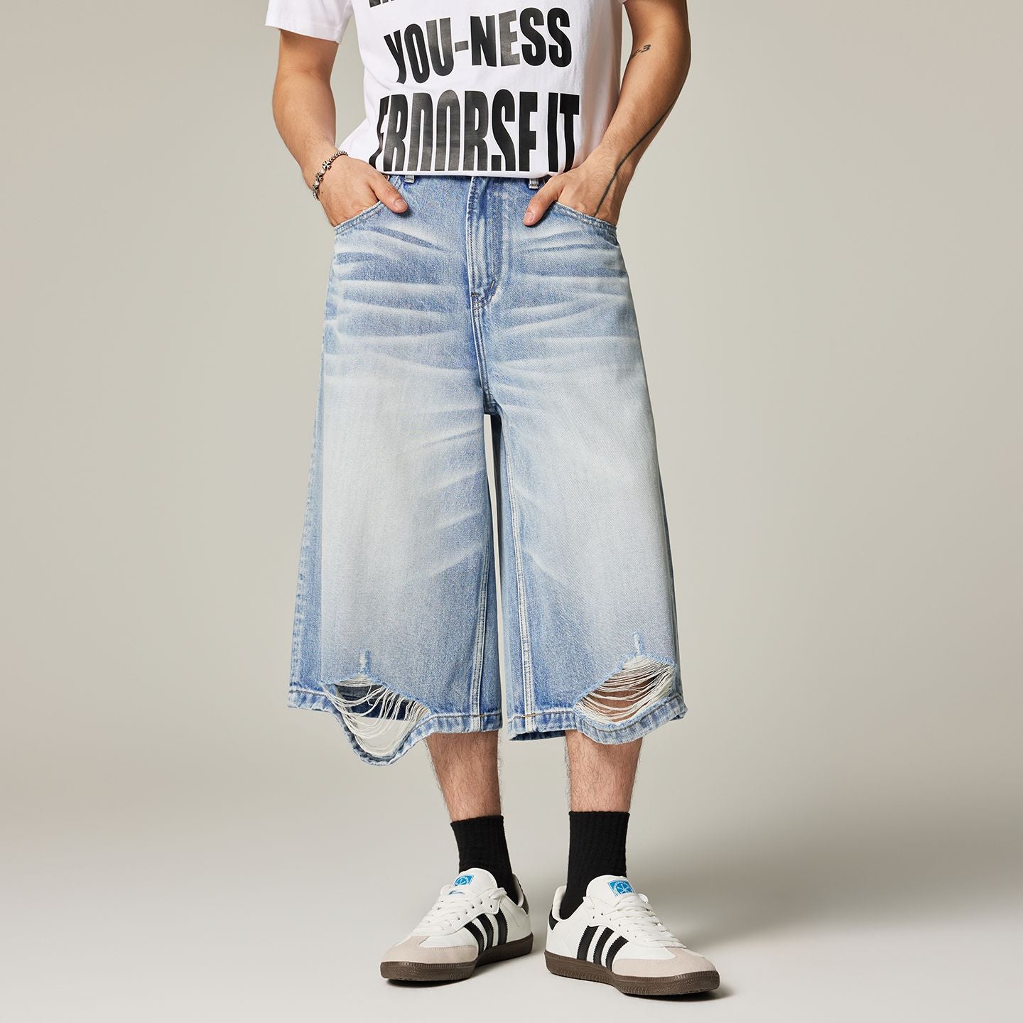 Men's Summer Cat Whisker Ripped Wide-Leg Denim Shorts