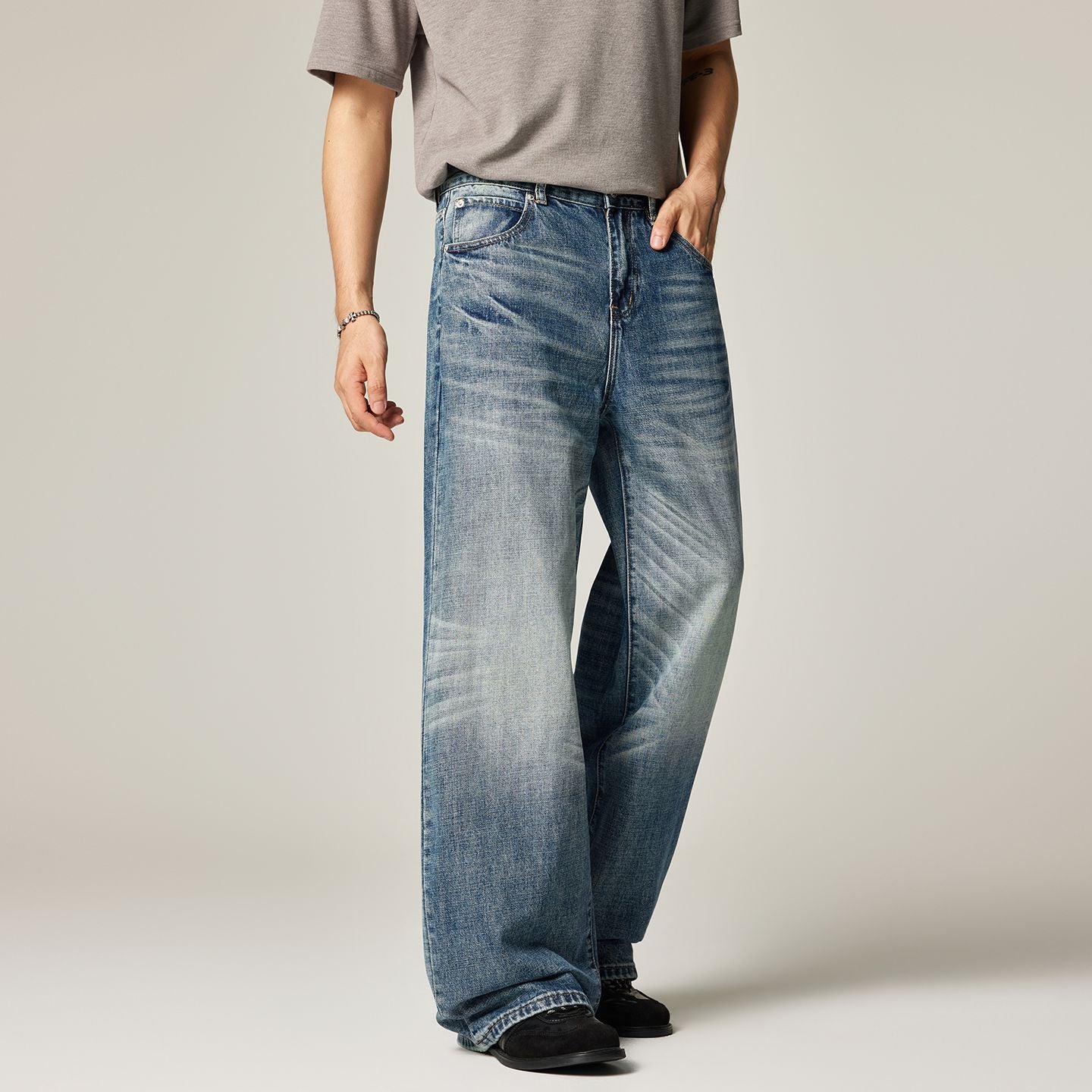 Men's Spring Gradient Blue Cat Whisker Wide-Leg Denim Jeans