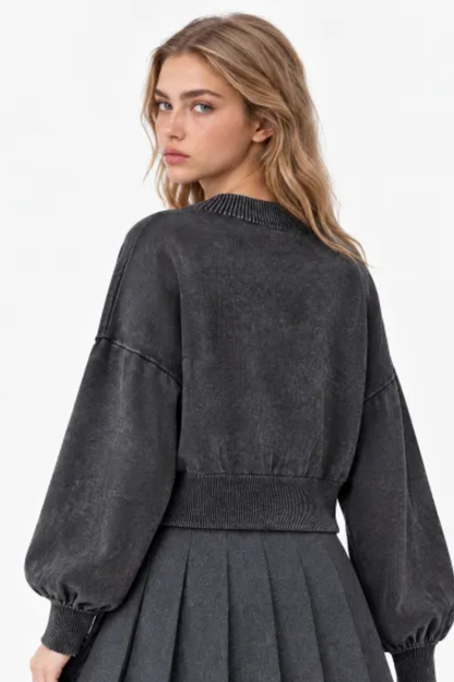 Women Fall Clothing Snow Washed Balloon Sleeve Knit Sweater