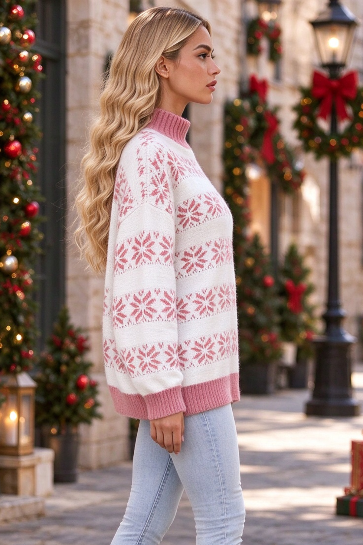Women's Fall Christmas Snowflake Mock Neck Knit Sweater