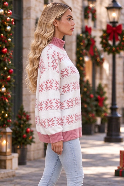 Women's Fall Christmas Snowflake Mock Neck Knit Sweater