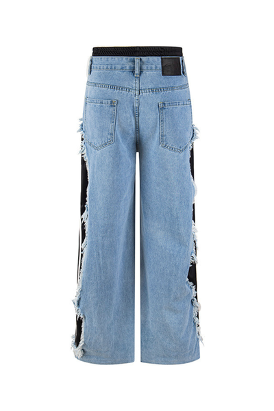 Unisex Summer Cotton Fringe Patch Striped Wide-Leg Jeans