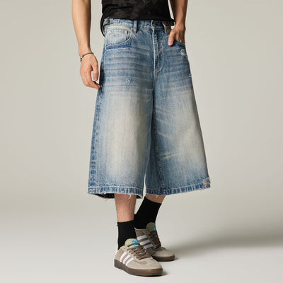 Men's Summer Vintage Washed Distressed Wide-Leg Denim Shorts