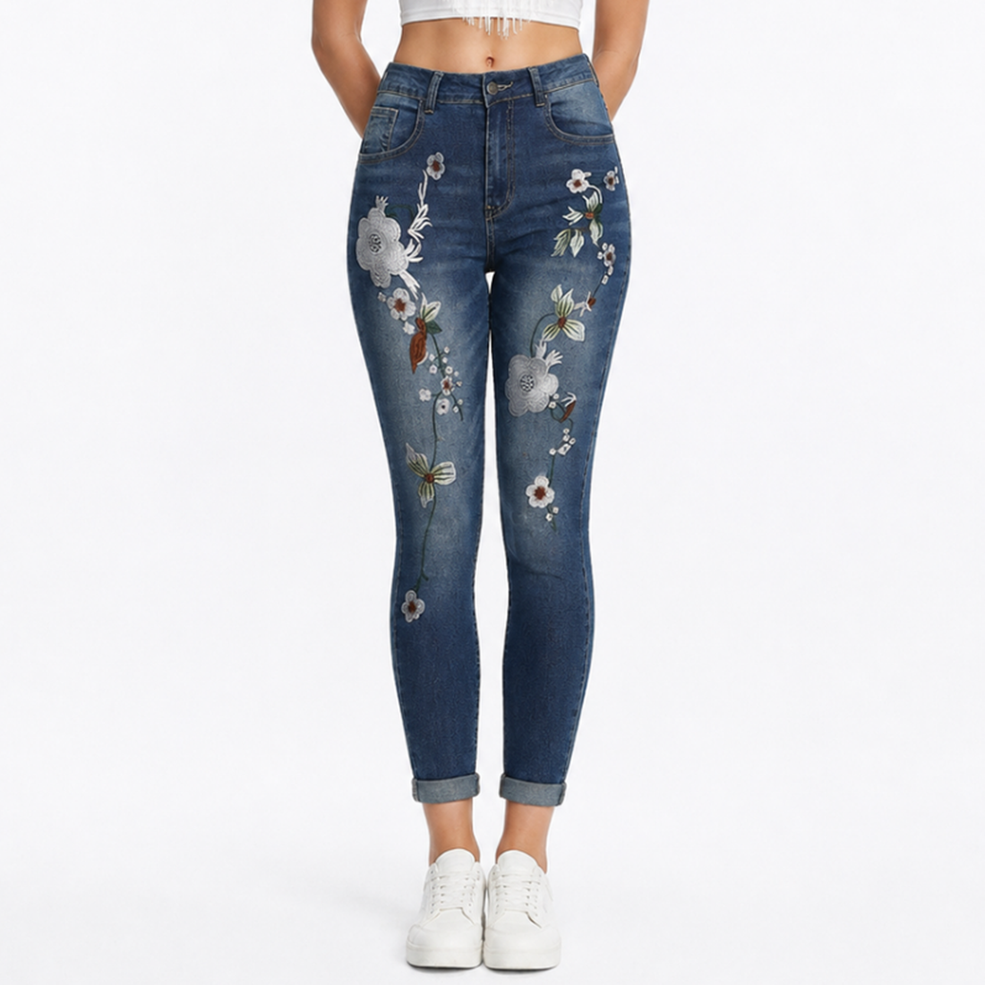 Women's Vintage High Waist Floral Embroidered Skinny Jeans