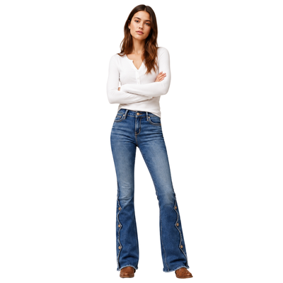 Women's High Waist Flare Jeans with Side Button Details