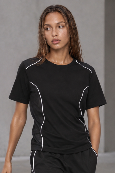Women Summer Breathable Mesh Panel Contrast Stitch T-Shirt