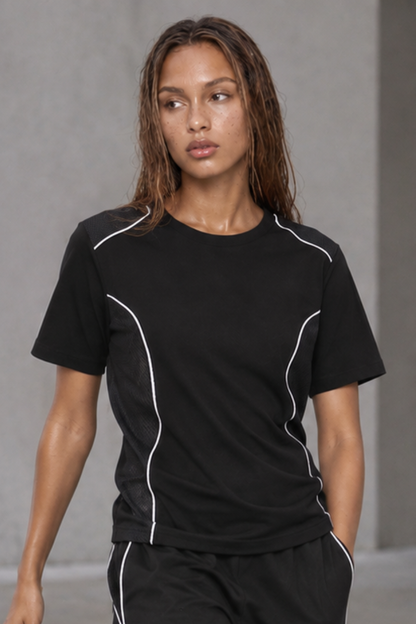 Women Summer Breathable Mesh Panel Contrast Stitch T-Shirt