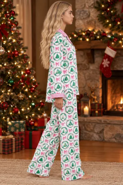 Women's Christmas Pink Striped Open Collar Pajama Set