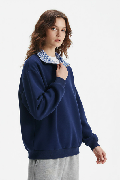 Unisex Spring Plaid Patchwork Half Zip Loose Hoodie