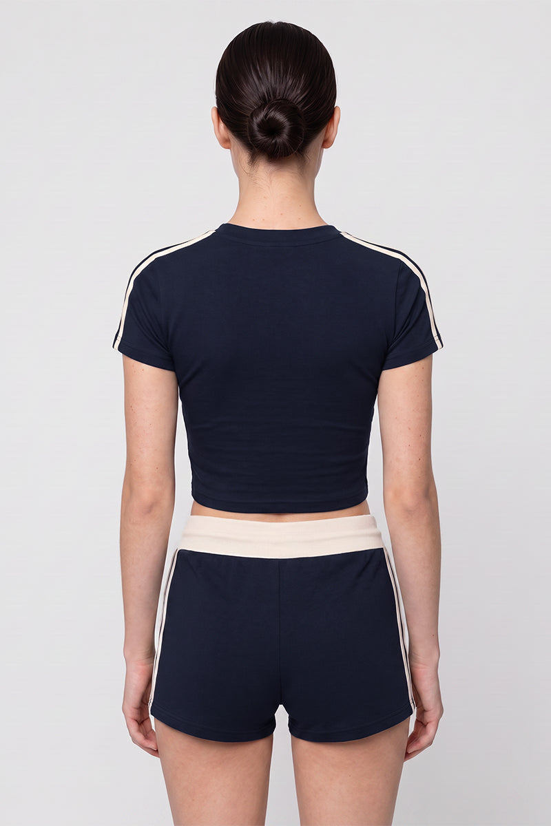 Women Summer Side Stripe Cropped T Shirt Shorts Set